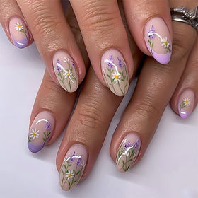 XZMeiLun Press On Nails Short Almond Lavender floral design front view