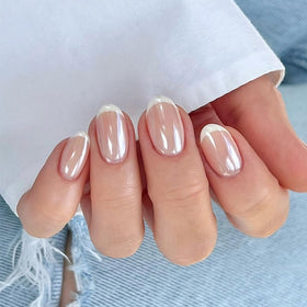 XZMeiLun Press On Nails Short Round Chrome French Tip Kit front view