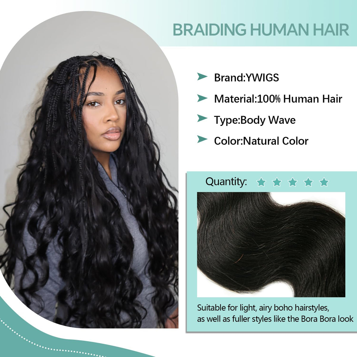 Y WIGS Body Wave Human Braiding Hair in natural light