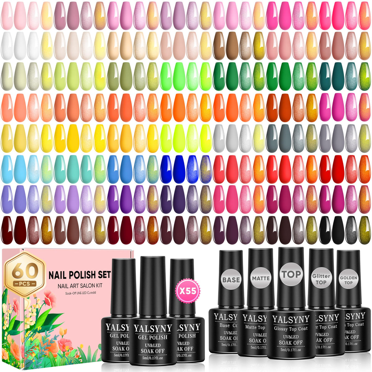 YALSYNY Gel Nail Polish Kit 60 Pcs with 55 colours displayed