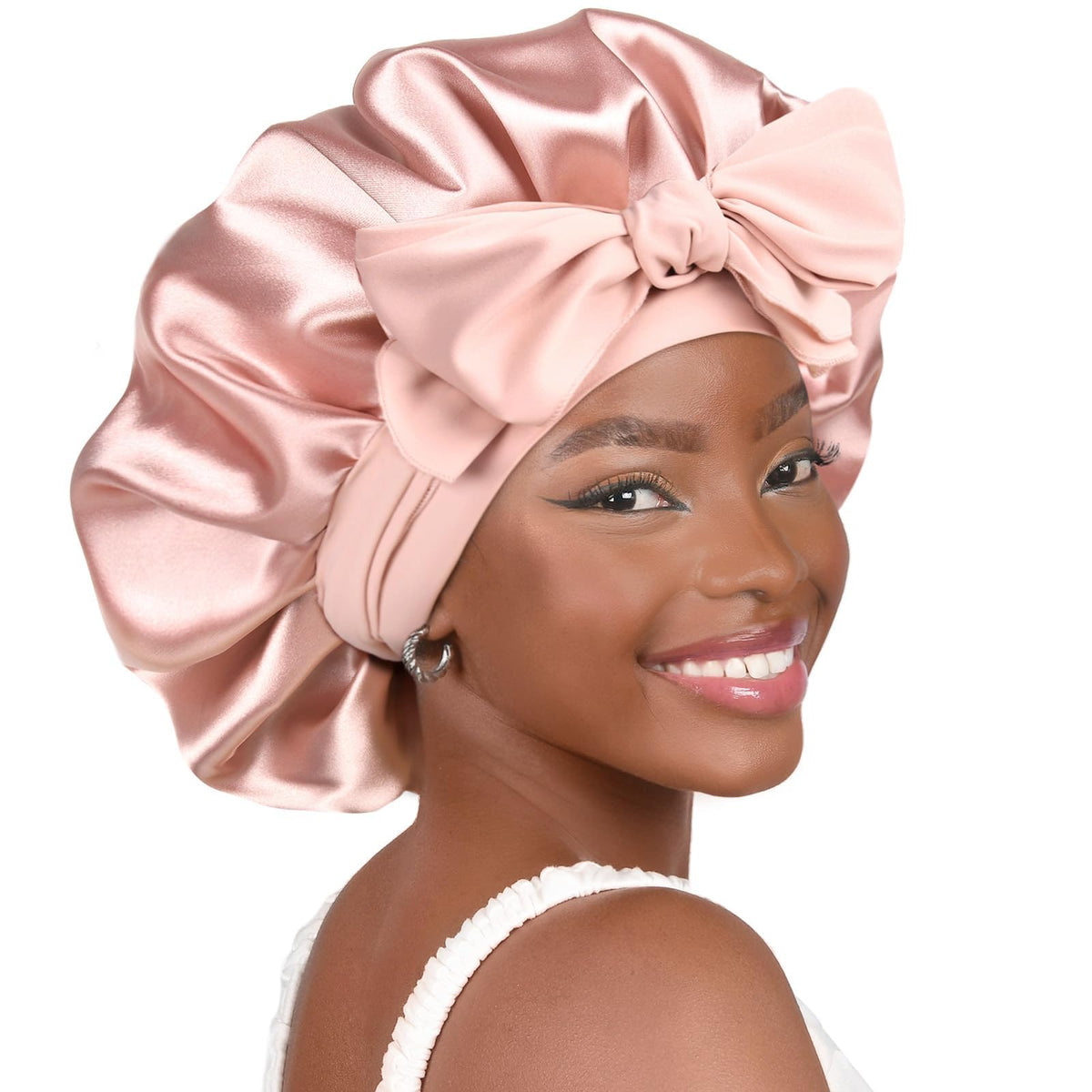 YANIBEST Adjustable Satin Bonnet front view in blush pink