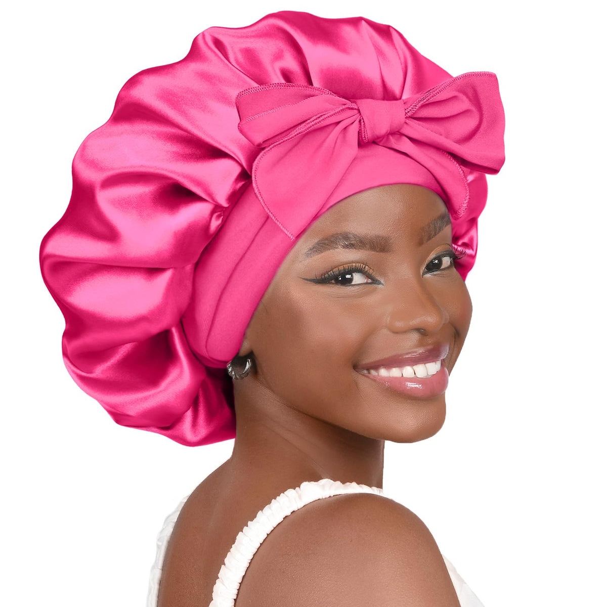 YANIBEST Adjustable Satin Bonnet front view in hot pink
