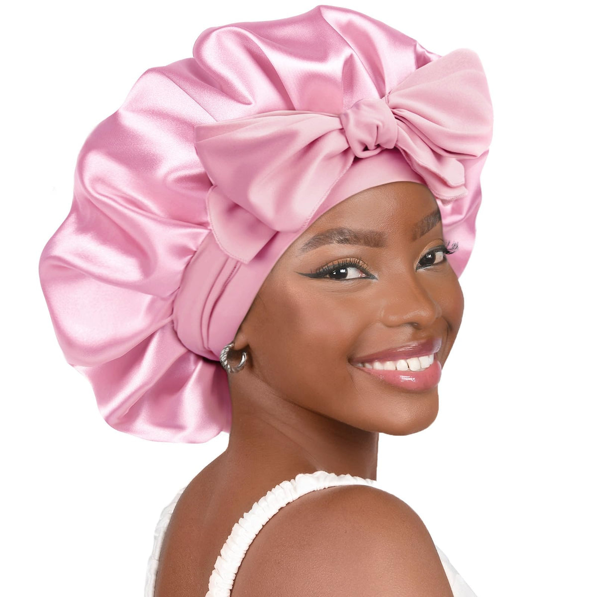 YANIBEST Adjustable Satin Bonnet front view in pink