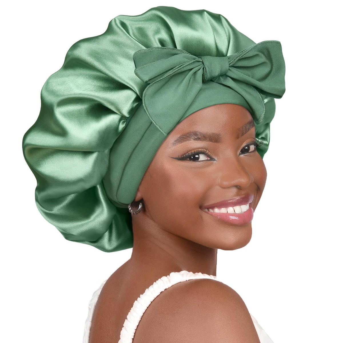 YANIBEST Adjustable Satin Bonnet in Sage front view