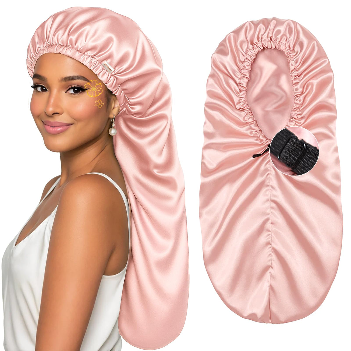 YANIBEST Adjustable Satin Sleep Bonnet front view in pink
