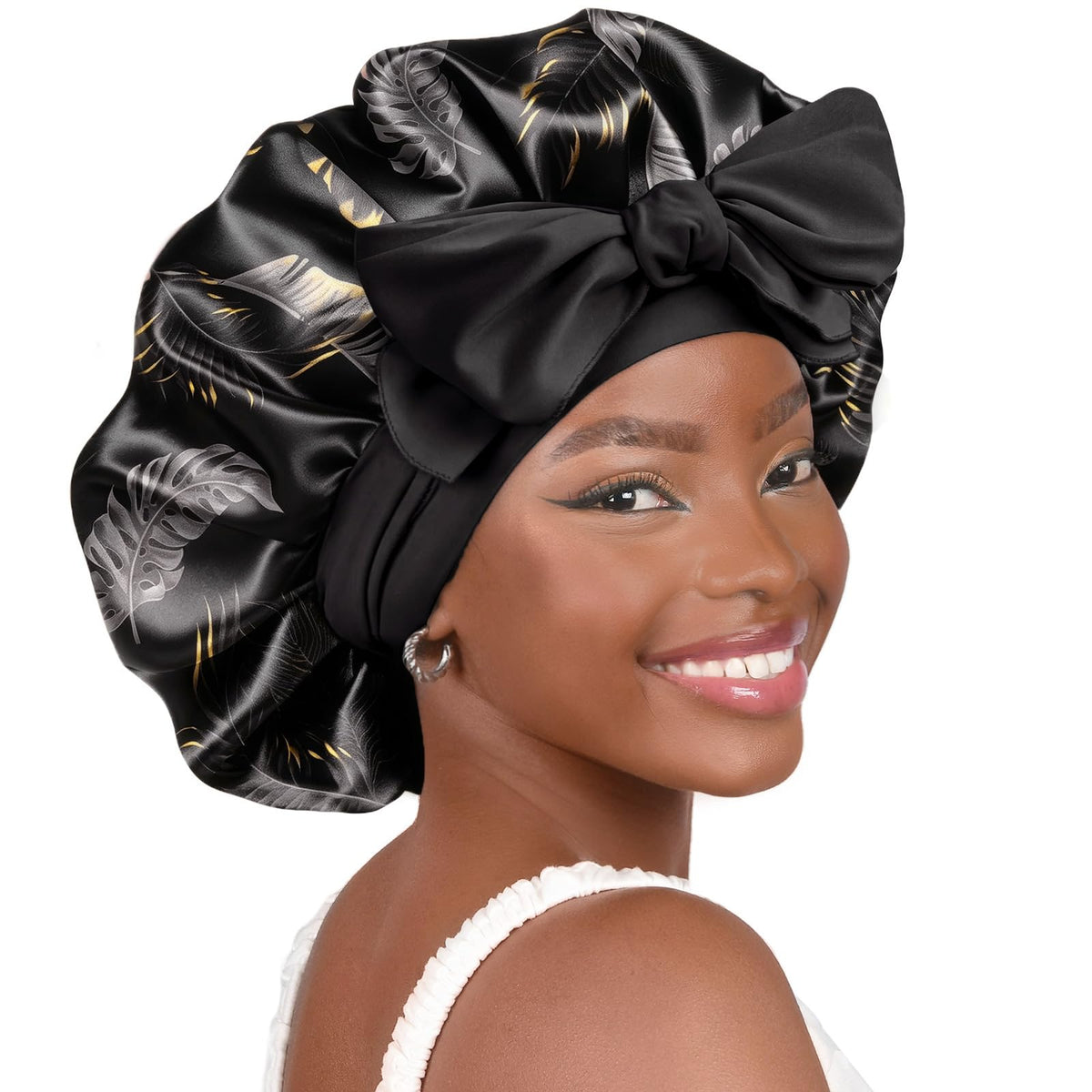 YANIBEST Adjustable Soft Satin Bonnet front view in black