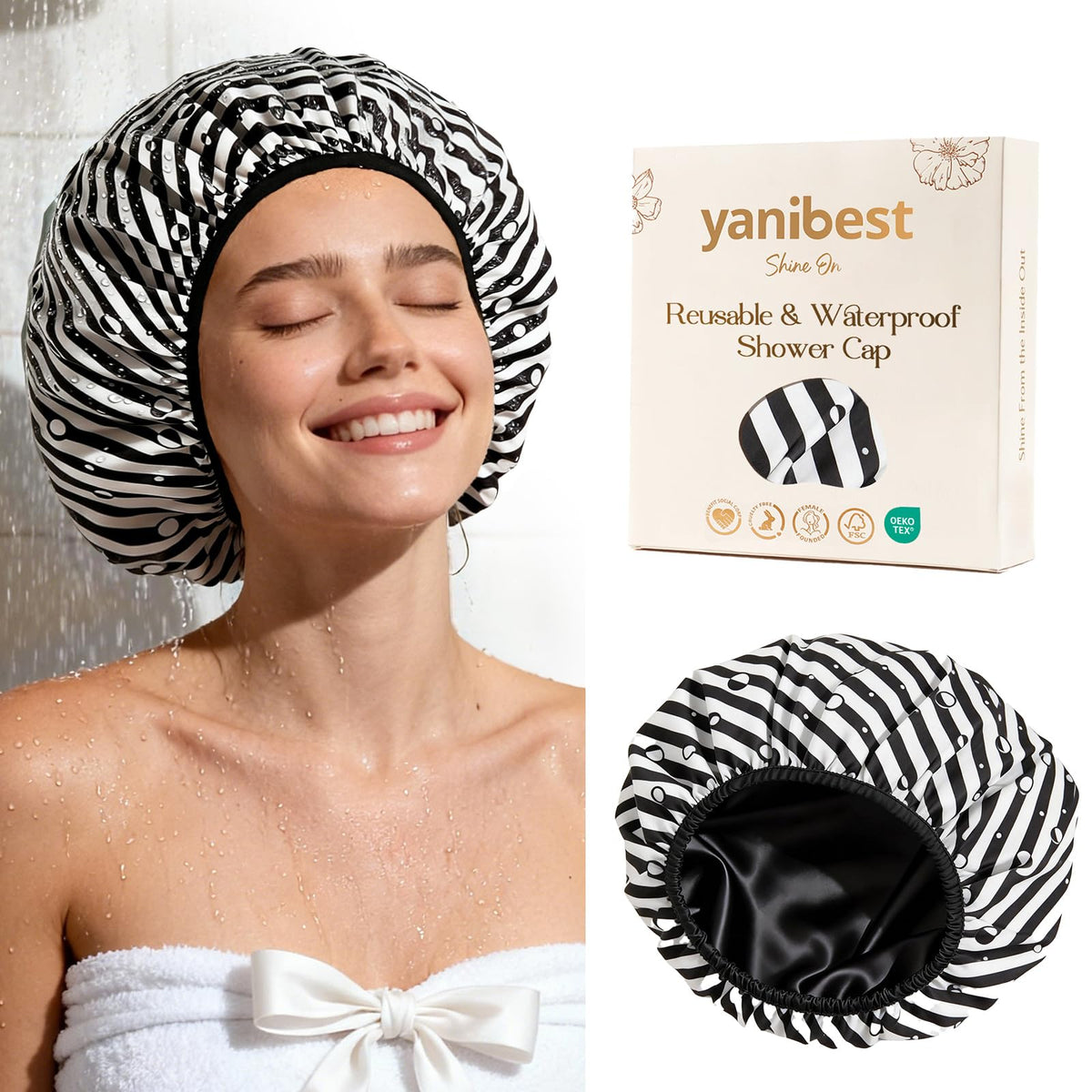 YANIBEST Frizz Free Satin Lined Shower Cap front view
