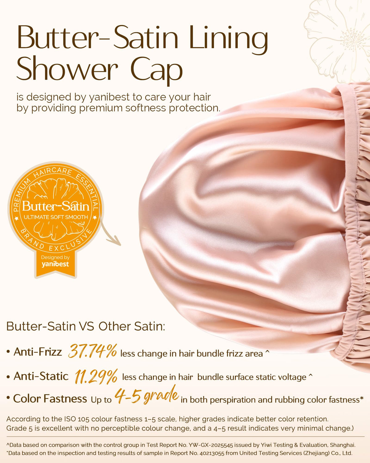 YANIBEST Frizz Free Satin Lined Shower Cap showing elastic band