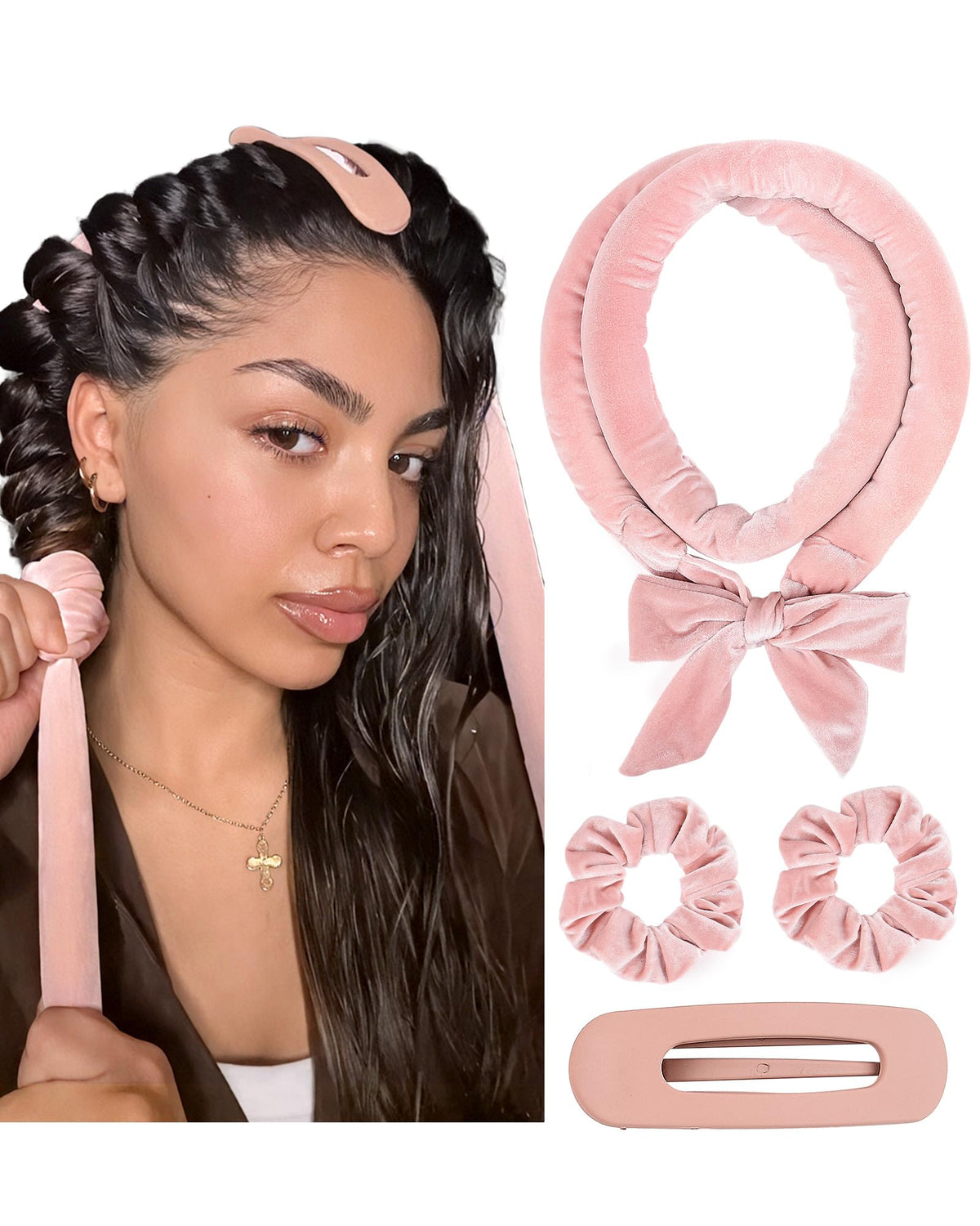 YANIBEST Heatless Hair Curler front view with velvet scrunchies