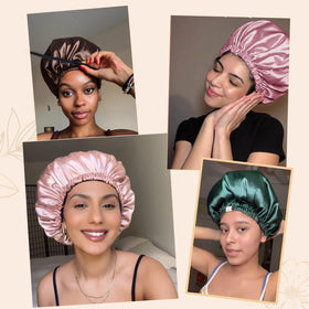 YANIBEST satin bonnet in use while applying a face mask