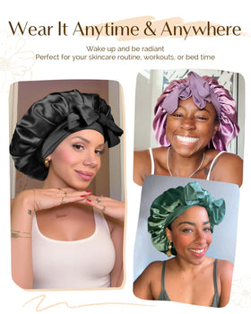 YANIBEST Satin Bonnet on a mannequin head displaying hair protection