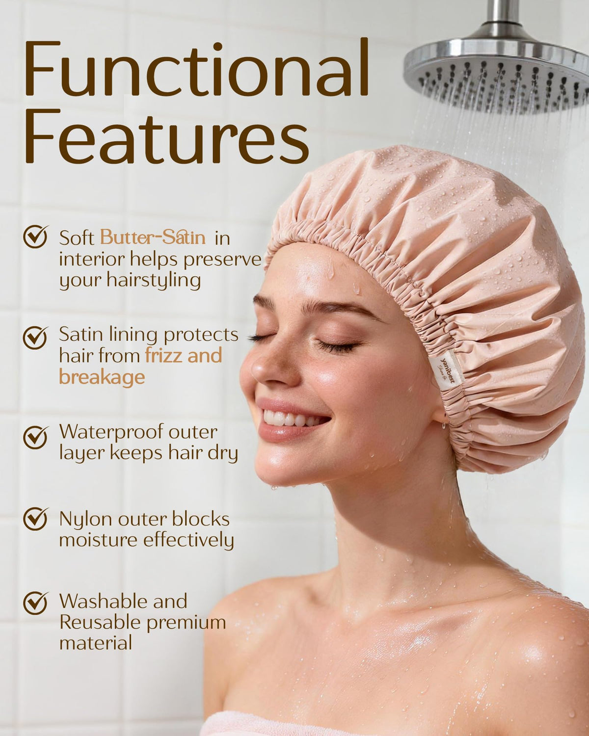 YANIBEST Satin Lined Shower Cap in Beige colour packaging