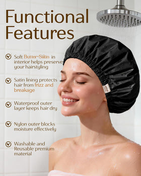 YANIBEST Satin Lined Shower Cap in Beige on a bathroom shelf
