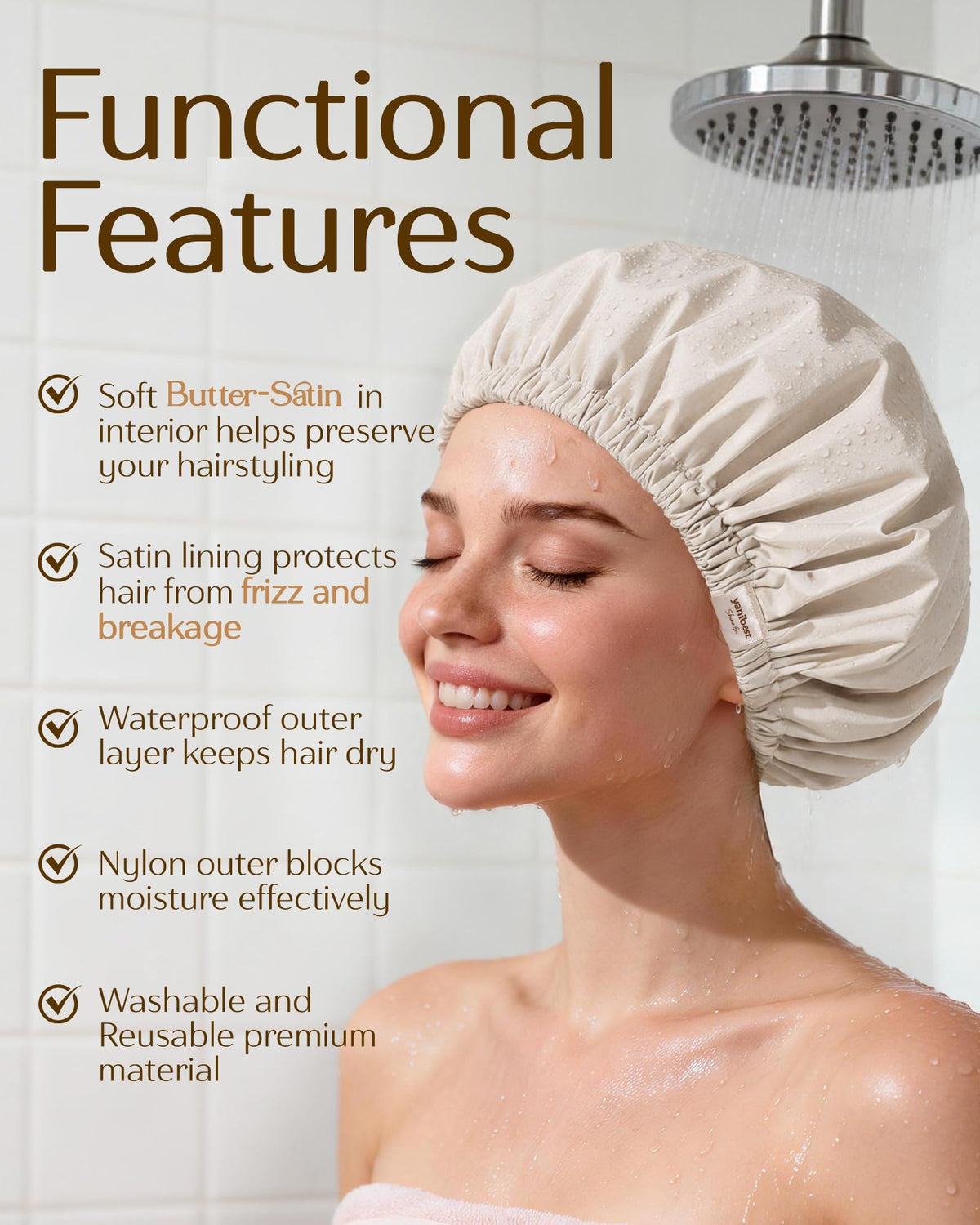 YANIBEST Satin Lined Shower Cap in Beige, packaging display