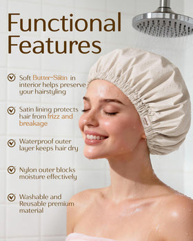 YANIBEST Satin Lined Shower Cap in Beige, packaging display