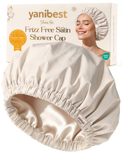 YANIBEST Satin Lined Shower Cap in Black, front view