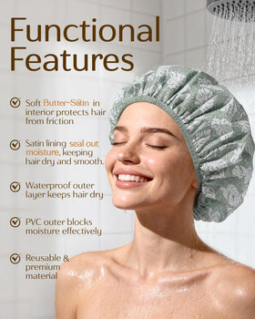 YANIBEST shower cap displayed with various hairstyles