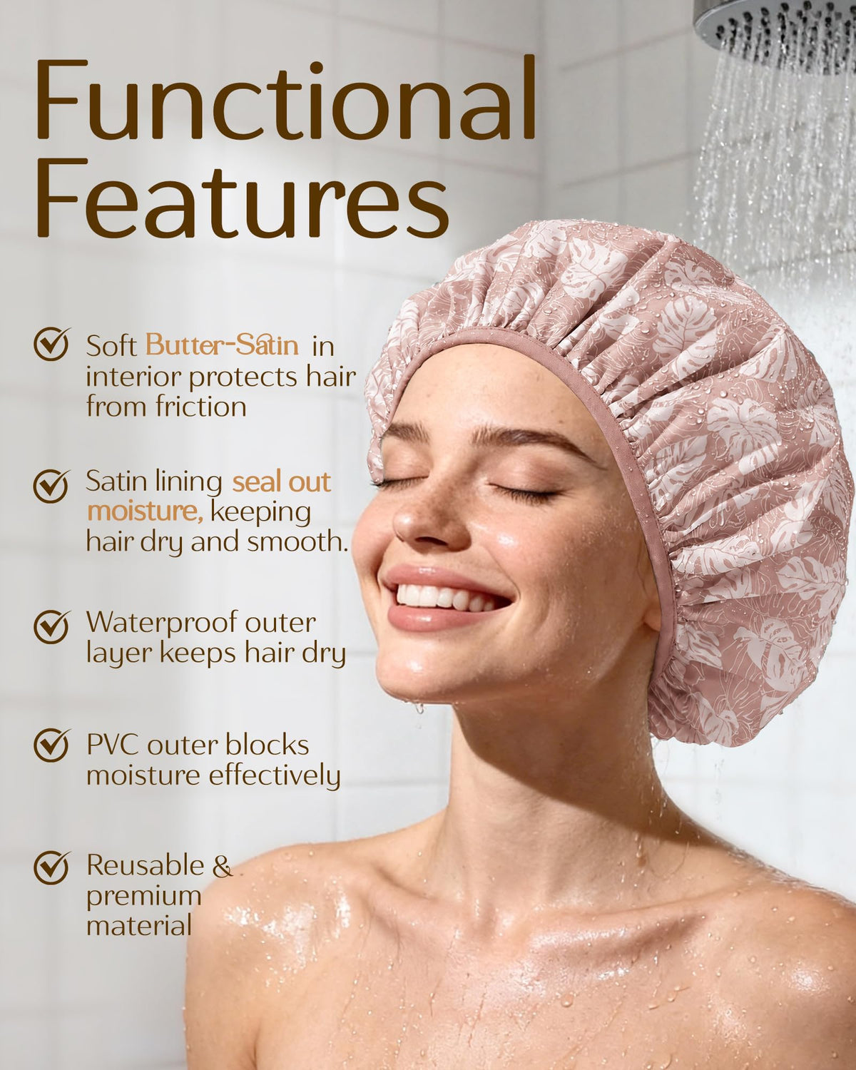 YANIBEST shower cap displayed with various hairstyles