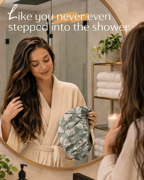 YANIBEST shower cap in use while cleaning
