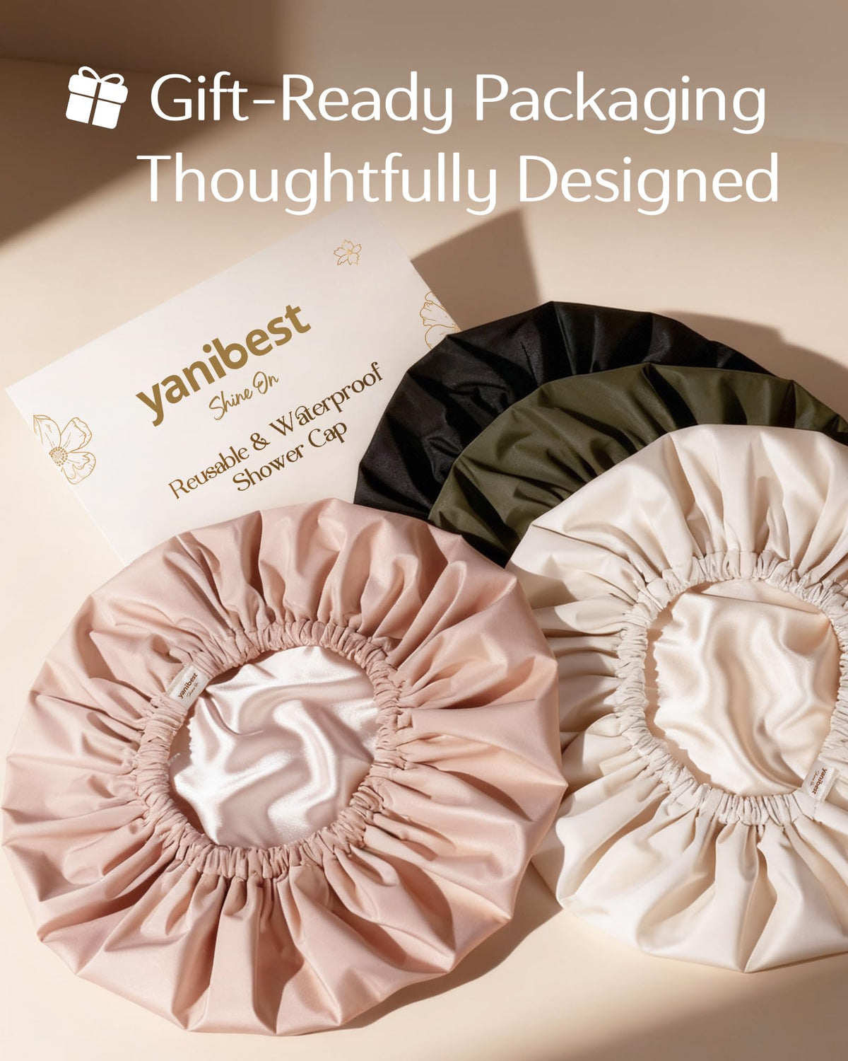 YANIBEST Shower Cap on a bathroom shelf with accessories