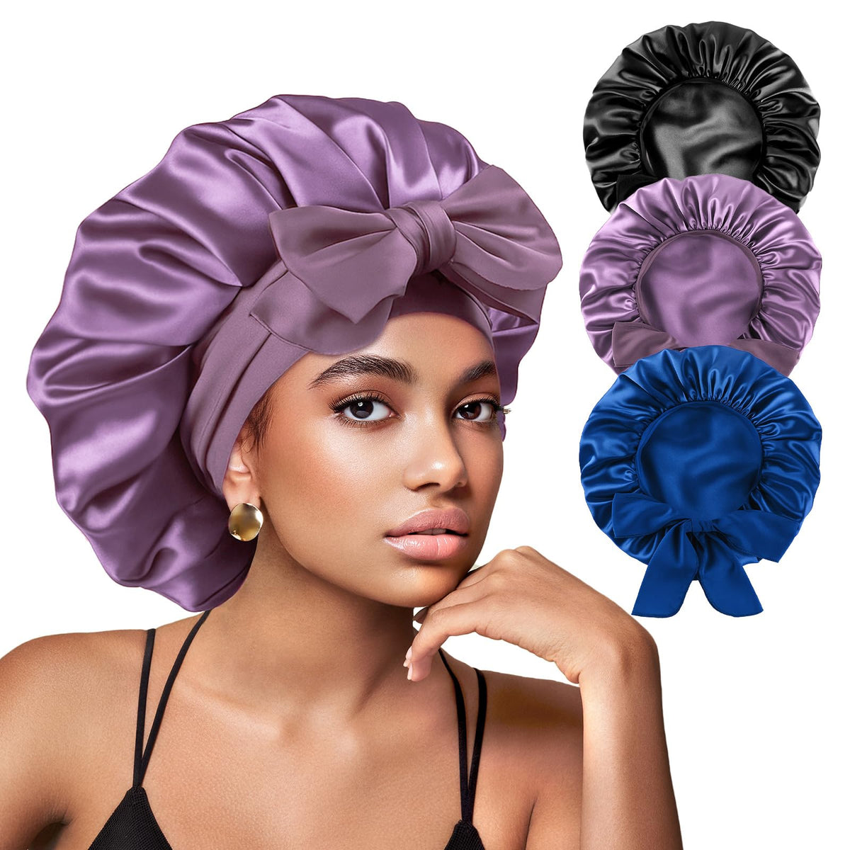 Yanideer adjustable satin bonnets set of 3 in purple color