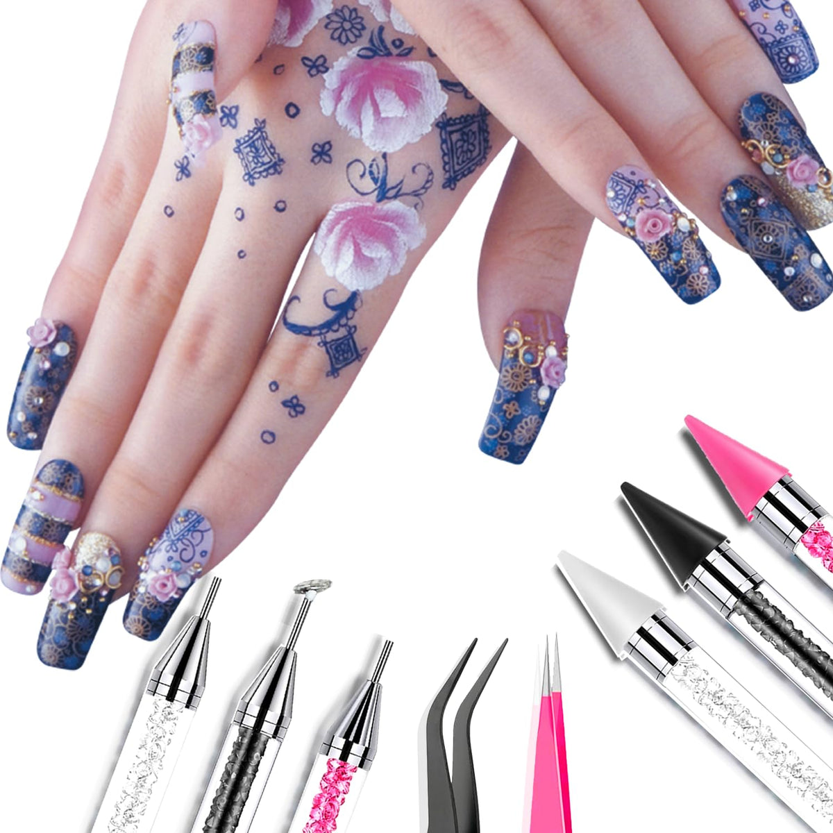 Yaoociy rhinestone picker tool kit displayed with nail art supplies