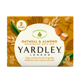 Yardley Oatmeal and Almond Bath Bar front view, two bars in packaging