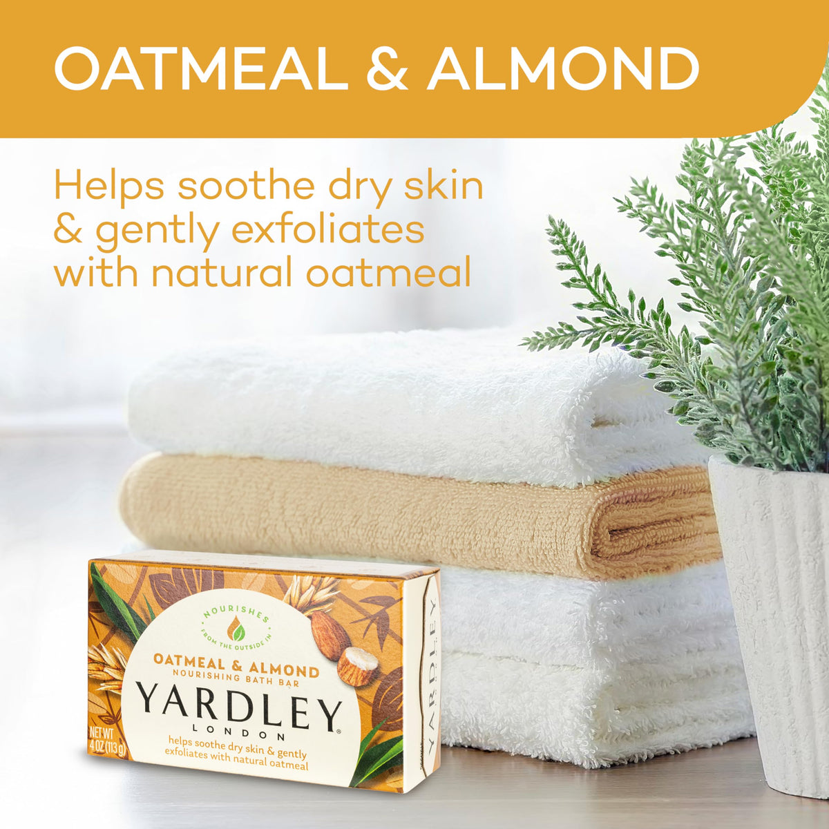 Yardley Oatmeal and Almond Bath Bar side view, highlighting packaging details