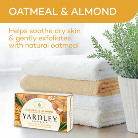 Yardley Oatmeal and Almond Bath Bar side view, highlighting packaging details