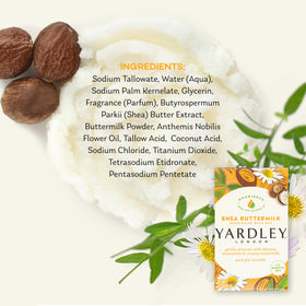 Yardley Shea Buttermilk Bath Bar on a wooden soap dish