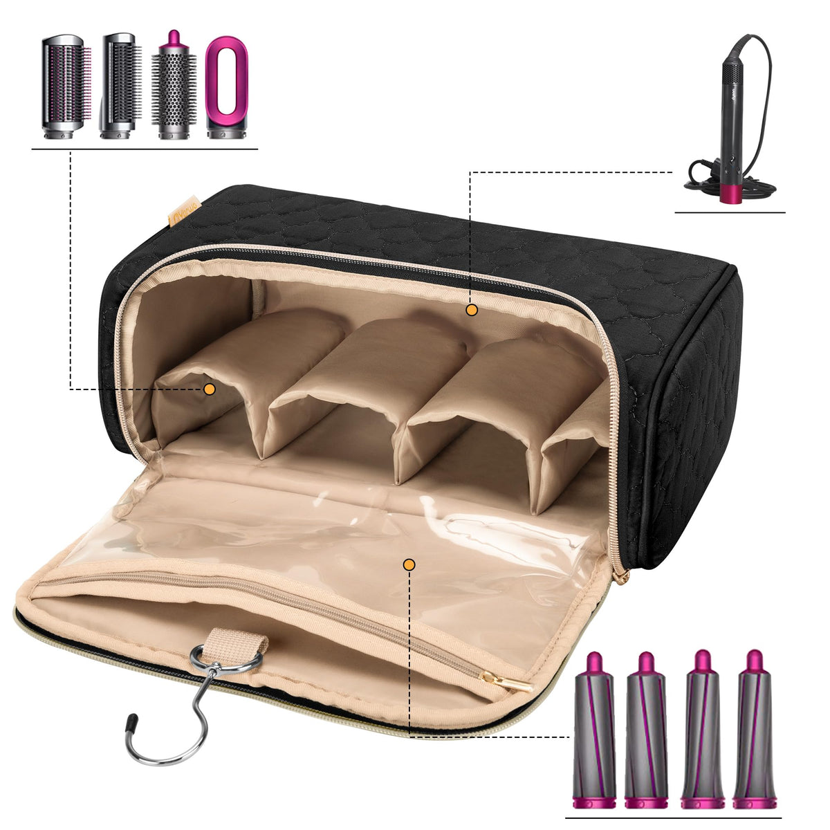 Yarwo Travel Case main compartment showing padded slots for attachments