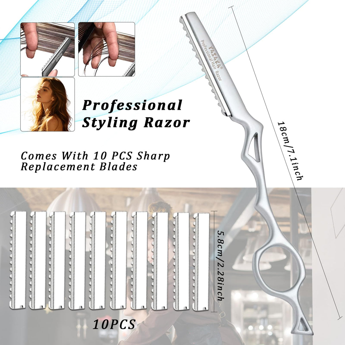 YASAKA Hair Cutting Razor 7.1 inch side view with replacement blades
