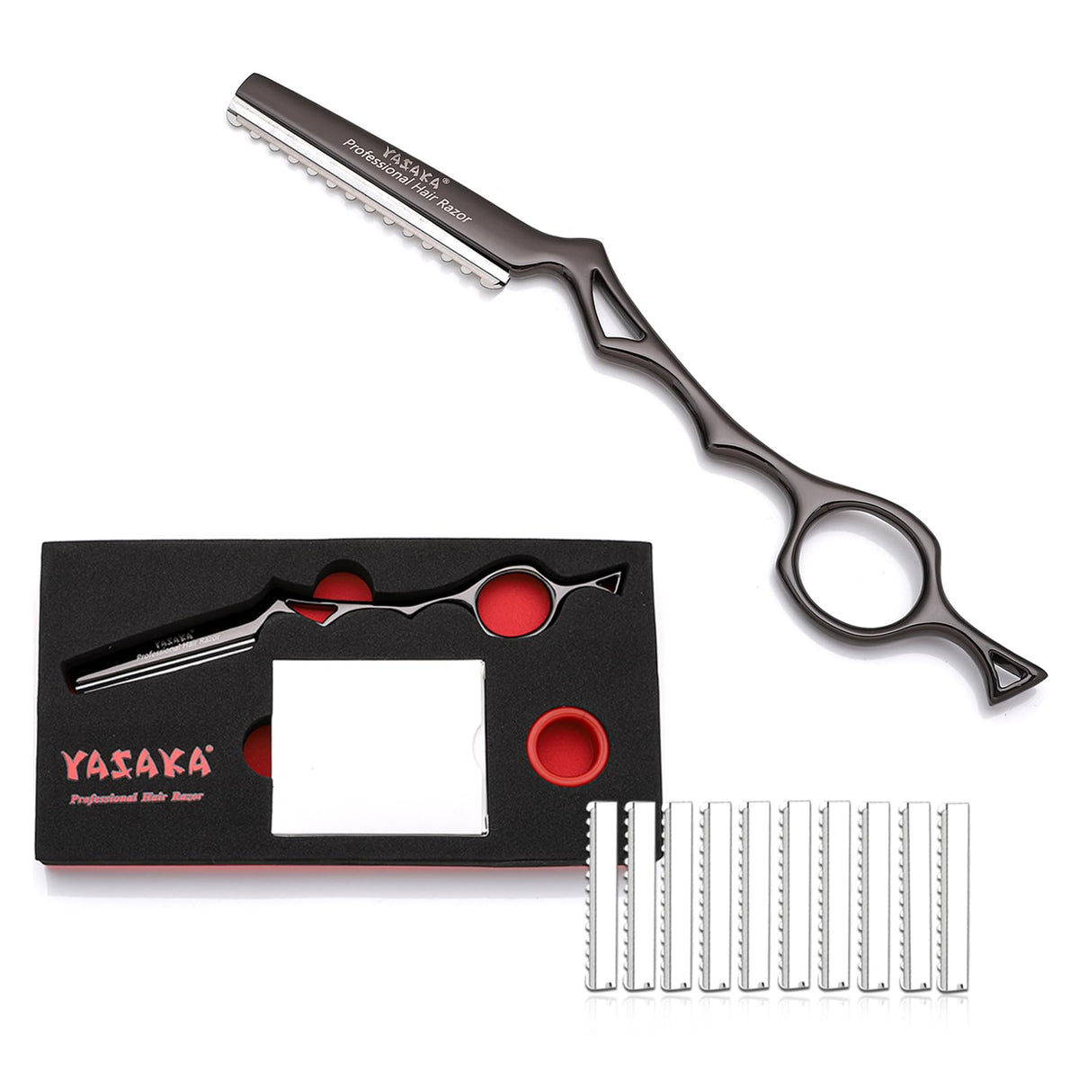 YASAKA Hair Razor 7.1" black model front view with stainless steel blade
