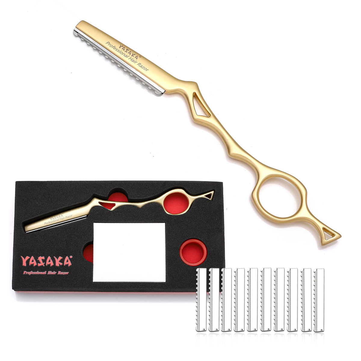 YASAKA Hair Razor Gold with replacement blades in packaging