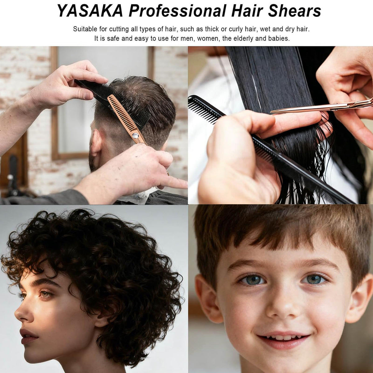 YASAKA shears displayed with various hair types