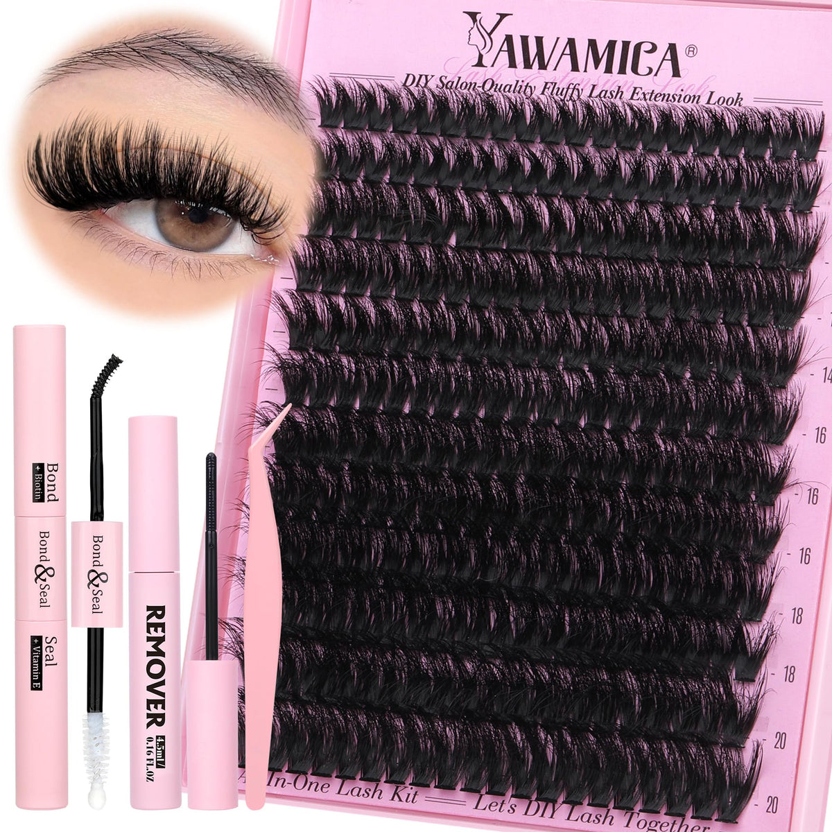 Yawamica Fluffier Lash Clusters Kit packaging with 240pcs clusters