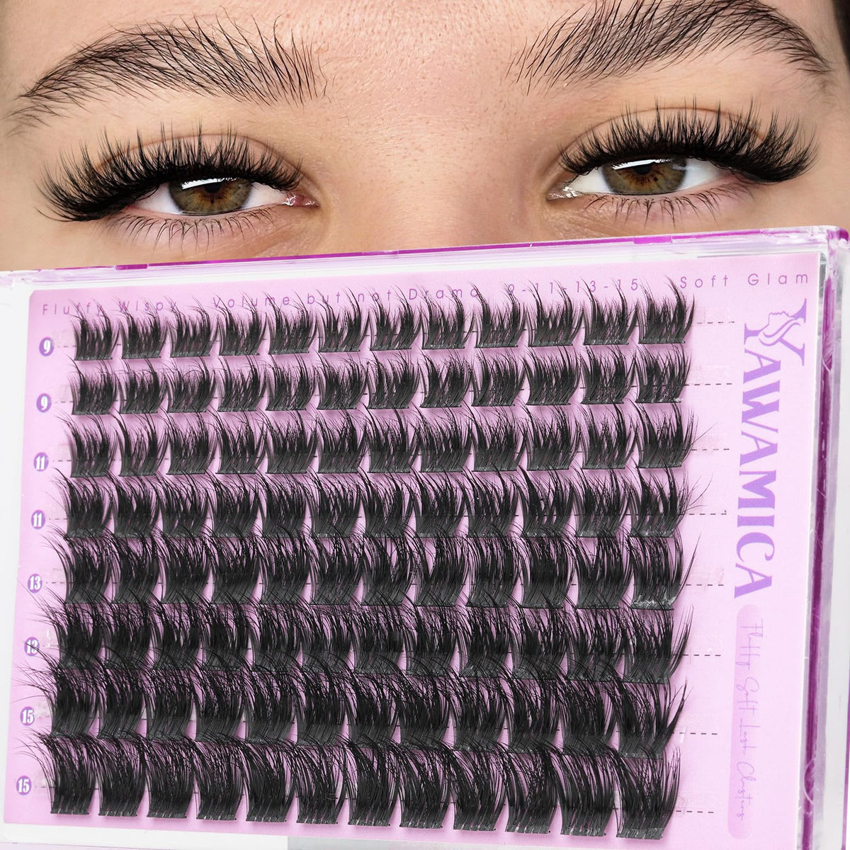Yawamica Fluffy Lash Clusters front view with mixed lengths
