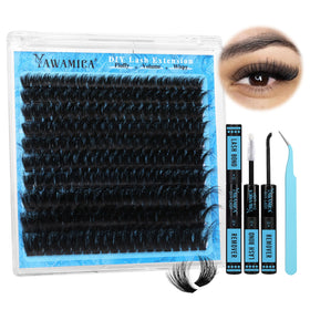 Yawamica Lash Clusters Kit 200D front view with lash bond and remover