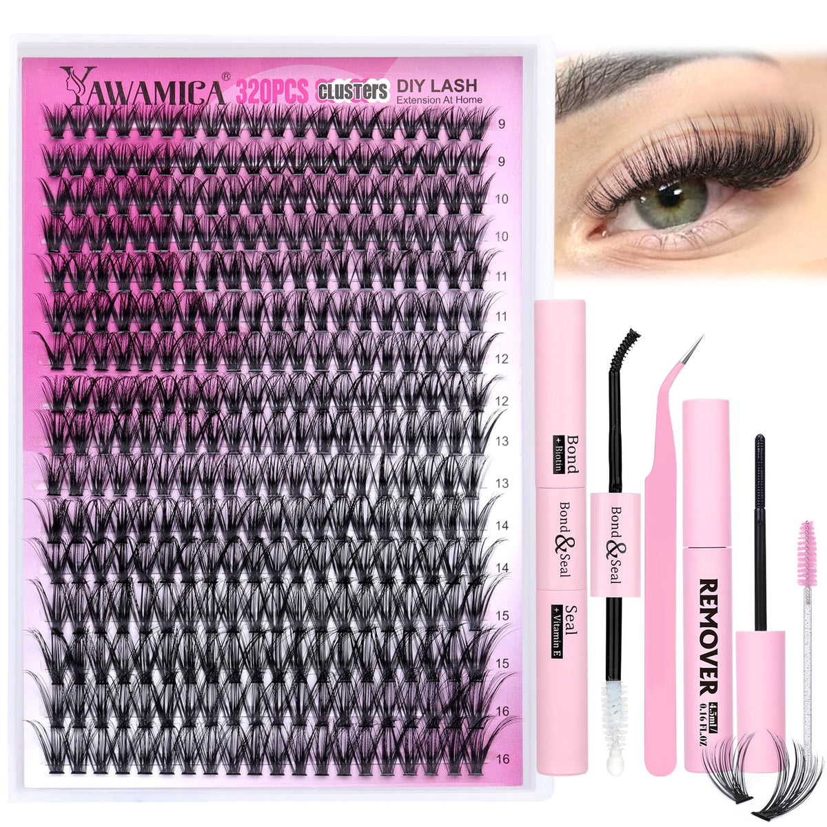 Yawamica Lash Clusters Kit 320pcs with individual lashes and tools