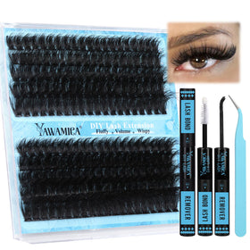 Yawamica Lash Extension Kit contents including bond, remover, and tweezers