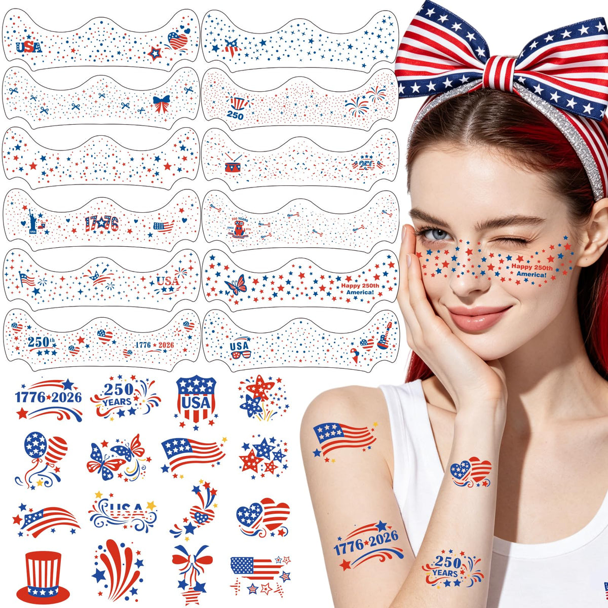 Yazhiji 28PCS 4th of July face tattoos with glitter designs