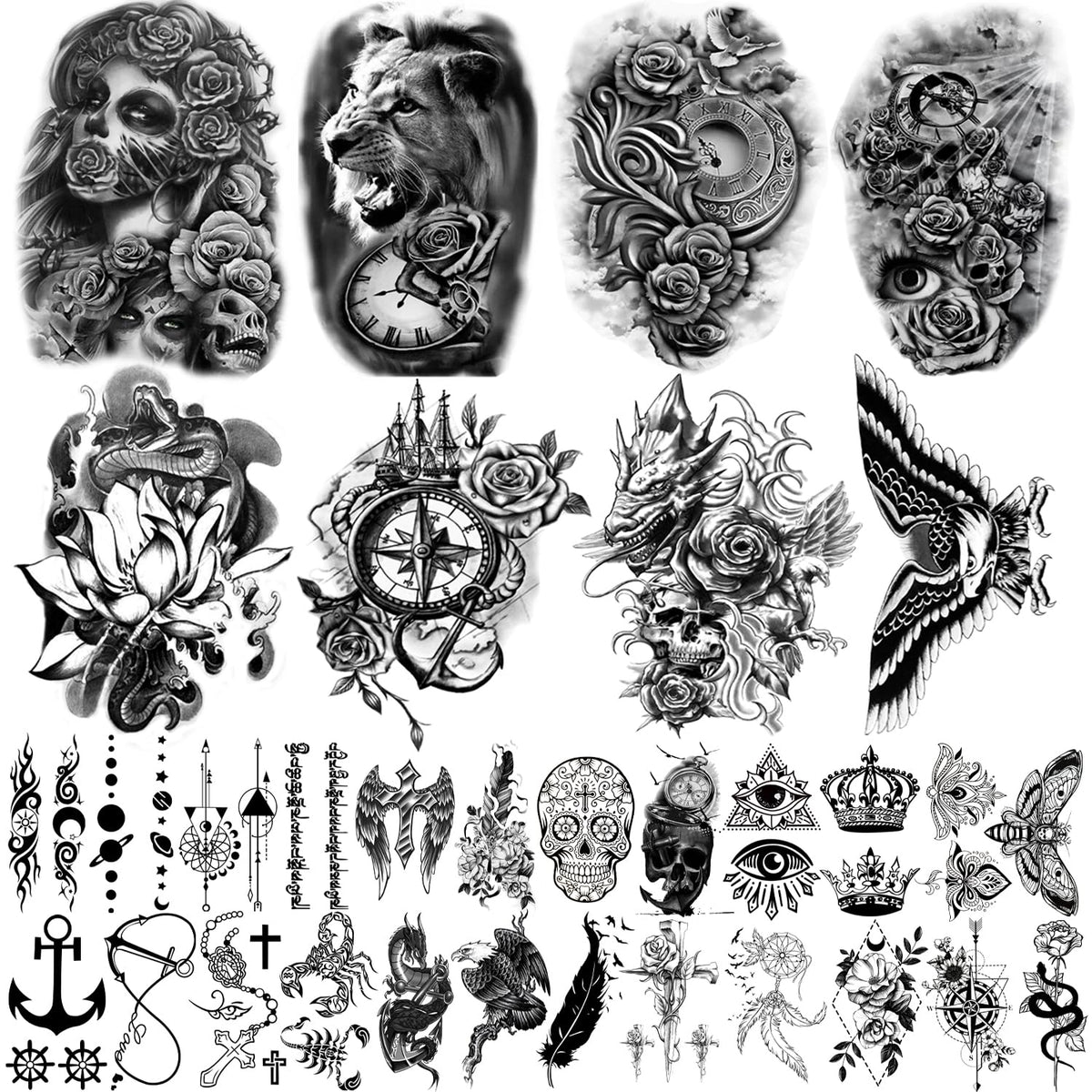 Yazhiji 32 Sheets Temporary Tattoos large size front view