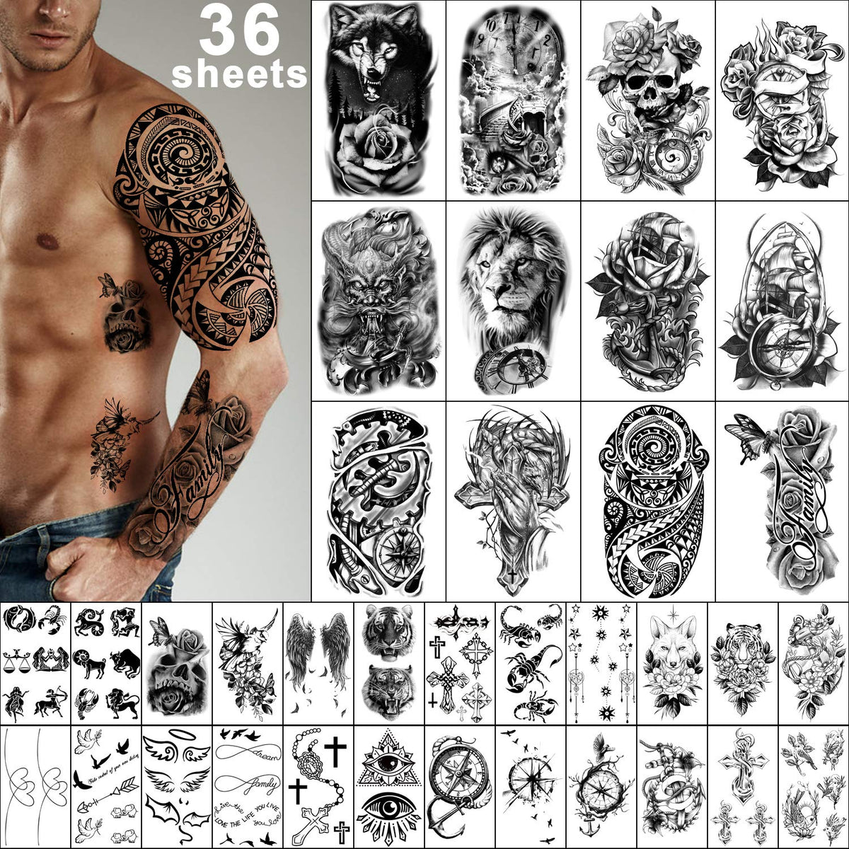 Yazhiji 36 Sheets Temporary Tattoos front view with various designs