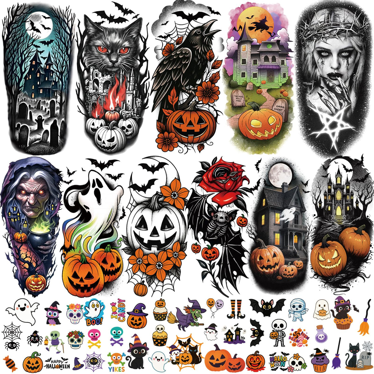 Yazhiji Halloween Temporary Tattoos assorted designs front view