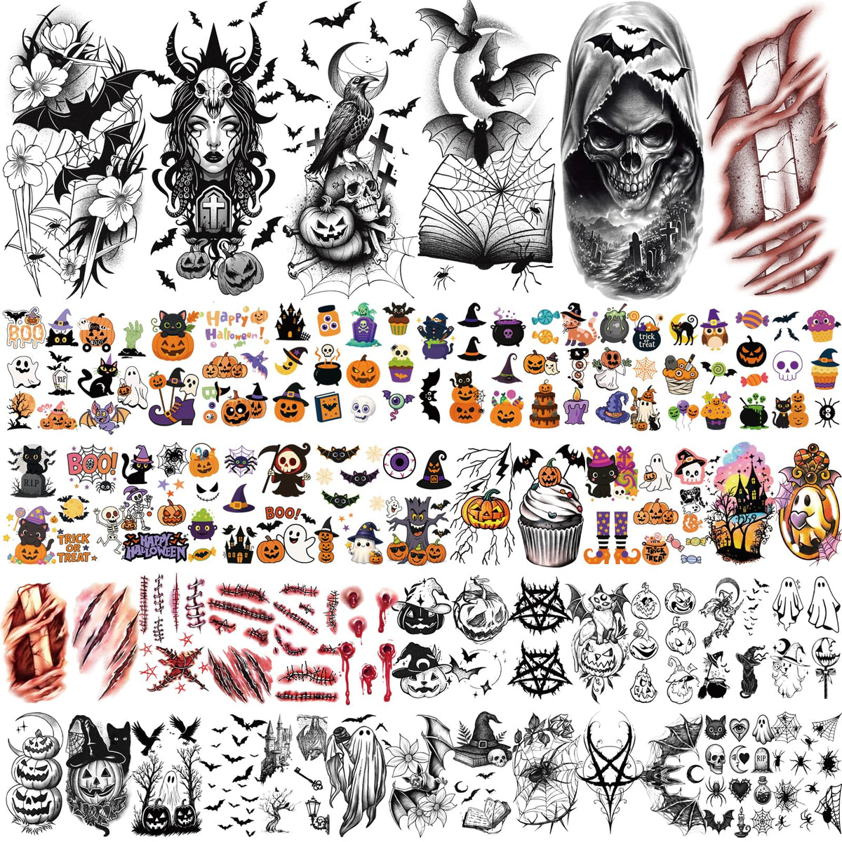 Yazhiji Halloween Temporary Tattoos featuring skulls and bats