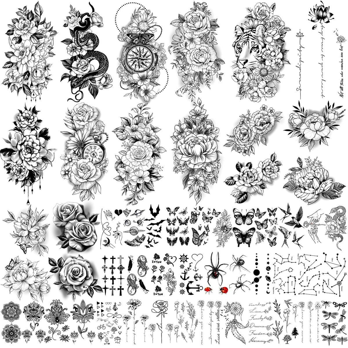 Yazhiji large sexy flowers collection temporary tattoos front view