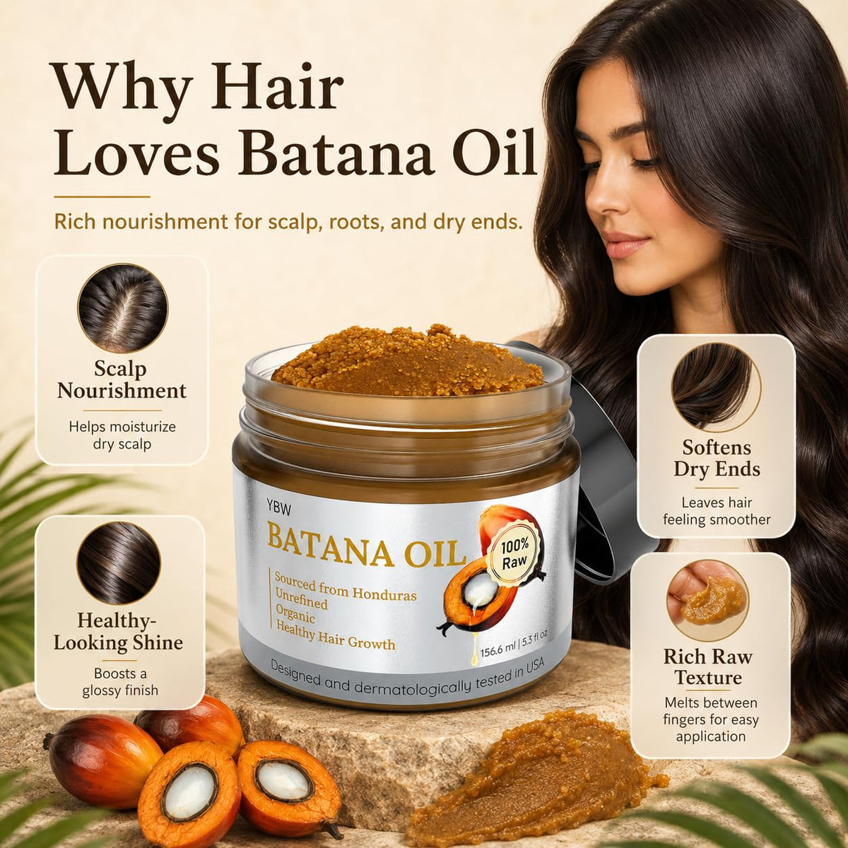 YBW Batana Oil 159g lifestyle scene with hair care products