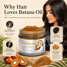 YBW Batana Oil 159g lifestyle scene with hair care products