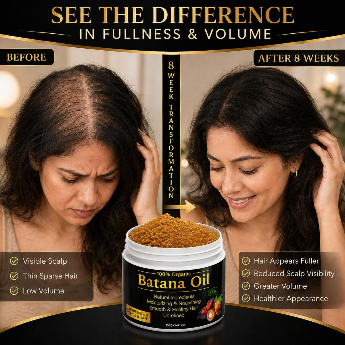 YBW Raw Batana Oil 132g application on hair