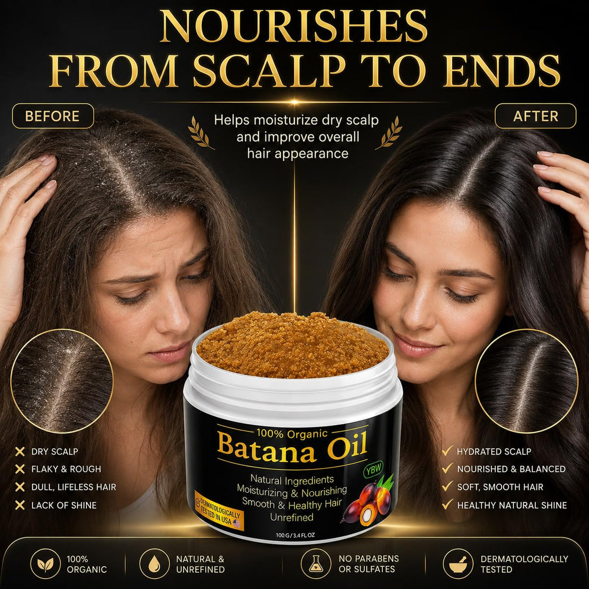 YBW Raw Batana Oil 132g lifestyle scene with hair care products